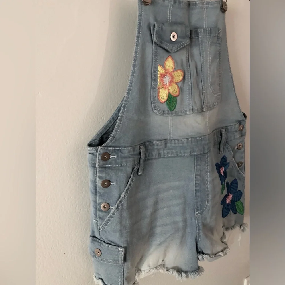 Floral Embroidered Denim Short Overalls